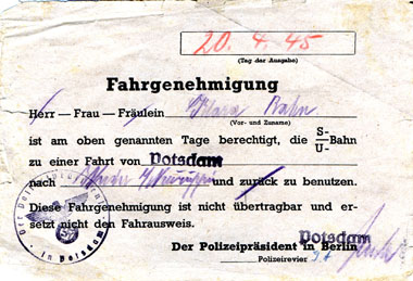 Fahrgenehmigung für den 20.4.1945