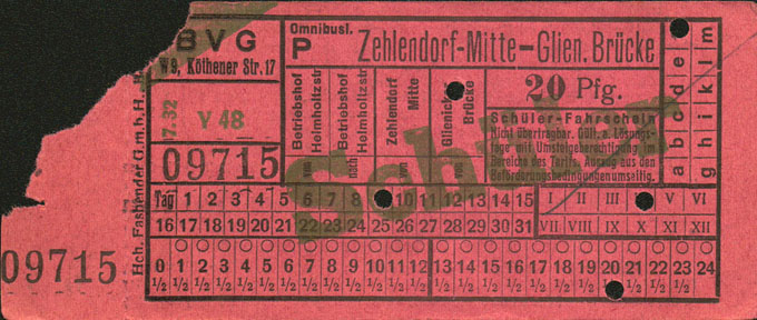 (1932) Fahrschein "Schüler" der Linie P (1932) Fahrschein "Schüler" der Linie P