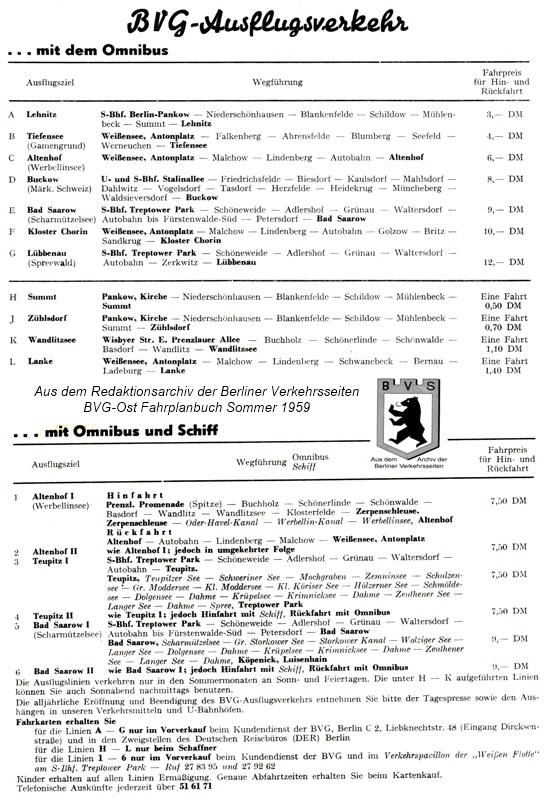 Ausflugsverkehrs- Angebot der BVG (Ost)  Saison 1959