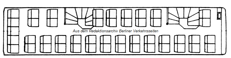 Innenraumaufteilung Oberdeck der SD 202 bei Auslieferung. Spter wurden im Heckbereich die vandalismussenkenden Konferenzecken eingerichtet