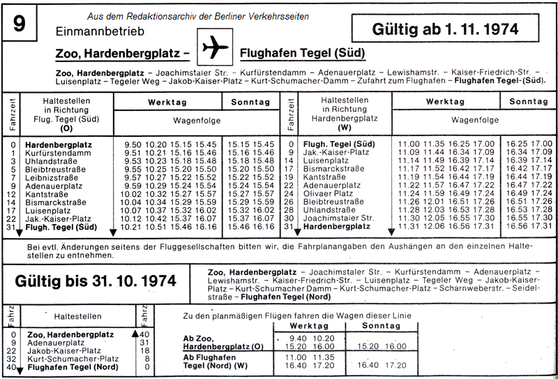 Fahrplan Linie 9 (1974)