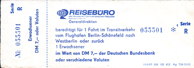 Fahrschein für die Sonderlinie ab Zentraler Omnibusbahnhof  (Westberlin)  zum Zentralflughafen Berlin-Schönefeld (1989) * Mehr zu Fahrscheinen aus der Berliner Verkehrsgeschichte unter www.b-v-s.berlin/Download