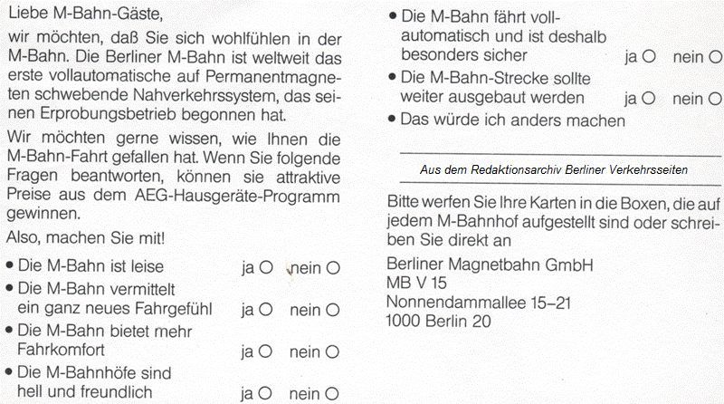 Umfrage-Postkarte an die Fahrgste der Magnetbahn in Berlin (1990)