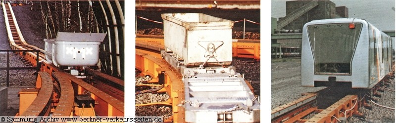 Massengutloren fr Kohle und Abraum, ein im Bergbau blicher EHB-Container fr Materialtransport auf einem Kombitransporter und Fahrzeug zur Personenbefrderung mit Magnetbahn-Technologie im Kohlebergbau (Deutschland, 1990)