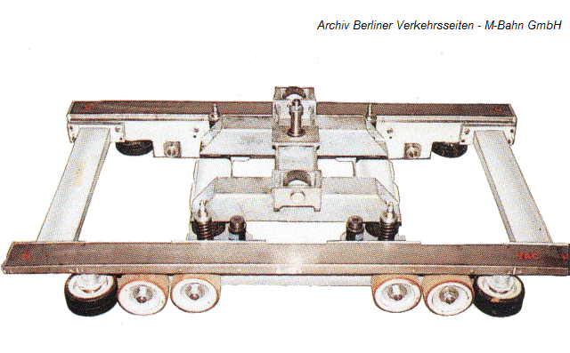 ITS Fahrwerk mit Magnetlkeisten und Rollenpaaaren zur horizontalen und vertikalen Fhrung (Foto: M-Bahn GmbH, 1990)
