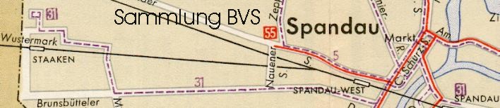 Neue Linienfhrung mit Omnibussen ab 1953 ber Magitratsweg der Linie A31, da die rechte Fahrspur des Nennhauser Dammes aus Richtung Bahnhof Staaken auf ostzonalen Gebiet lag