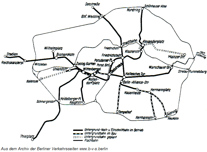 Netzübersicht der Hoch- und Untergrundbahngesellschaft 1925 mit Stadt- und Ringbahn der Reichsbahn