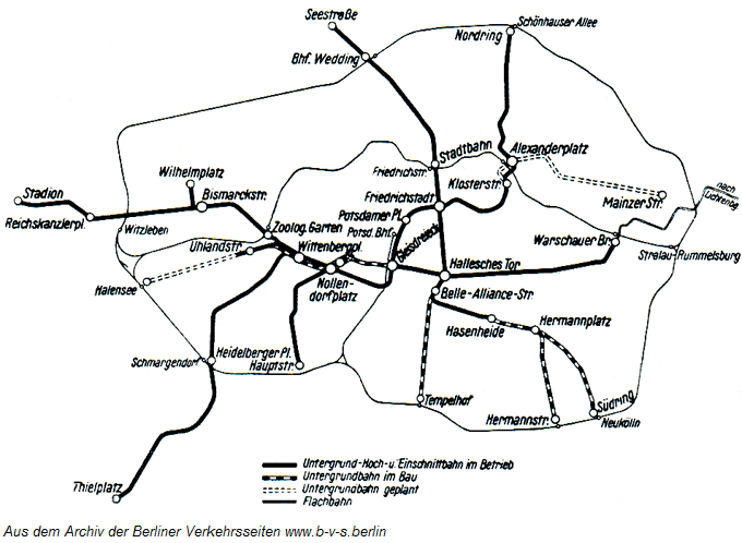 Netzbersicht der Hoch- und Untergrundbahngesellschaft 1925 mit Stadt- und Ringbahn der Reichsbahn