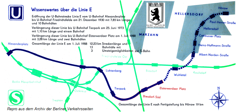 Streckenkarte Linie E  (1988), Repro aus Einladungskarte zur Eröffnung 1988