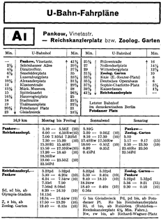 Fahrplan Linie AI Pankow (Ostsektor) nach Reichskanzlerplatz (Westsektor) 1960