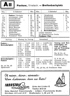 Fahrplan Linie AII von Pankow (Ostsektor) nach Breitenbachplatz (Westsektor) 1960