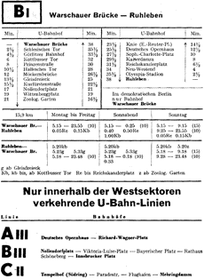 Fahrplan Linie BI von Warschauer Brücke (Ostsektor) nach Ruhleben (Westsektor) 1960