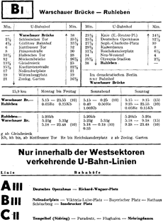 Fahrplan Linie BI von Warschauer Brcke (Ostsektor) nach Ruhleben (Westsektor) 1960