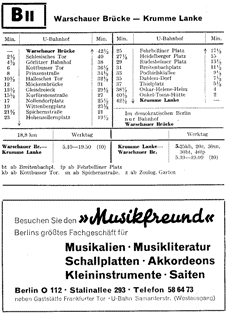 Fahrplan Linie BII von Warschauer Brcke (Ostsektor) nach Krumme Lanke (Westsektor) 1960