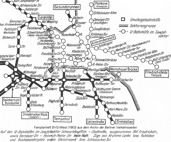 Darstellung des getrennten U-Bahnnetzes im Fahrplanheft der BVG (West) 1963