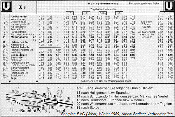 Fahrplan der Westberliner U-Bahnlinie 6 Tegel - Alt-Mariendorf 1989
