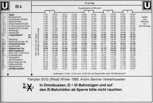Fahrplan der Westberliner U-Bahnlinie 6 Tegel - Alt-Mariendorf 1989
