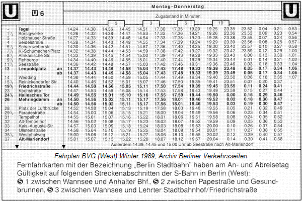 Fahrplan der Westberliner U-Bahnlinie 6 Tegel - Alt-Mariendorf 1989