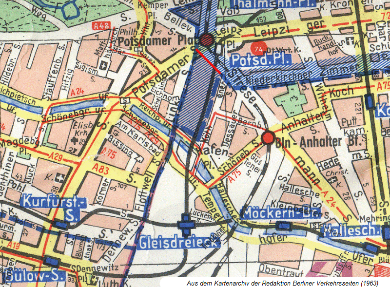 Kartenausschnitt (1963) mit der Sektorengrenze, rot die vernderte Grenzfhrung ab 1972