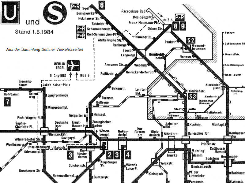 Ausschnitt aus dem BVG-West Netzplan (5/1984) mit der nun von der BVG betriebenen S-Bahn im Westsektor
