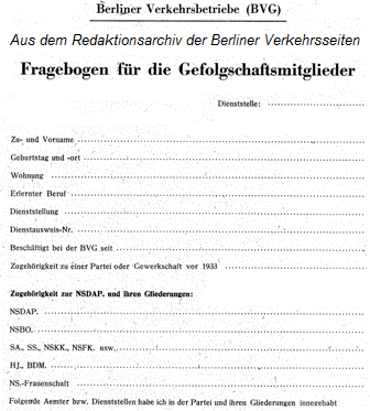 BVG-Fragebogen zur Gefolgschaft der Mitarbeiter in den Jahren 1933 - 1945 (Ausgegeben 1945)