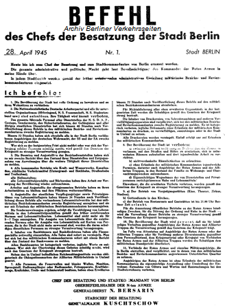 Abdruck Befehl Nummer 1 des ersten Stadtkommandanten Bersarin (Archiv BVS)