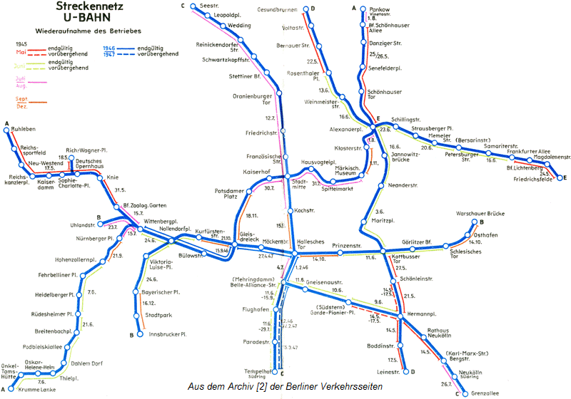 Netzkarte U-Bahn mit den Inbetriebnahmedaten 1945 - 1947